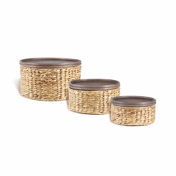 Gouda Southwestern Hand-woven Hyacinth Circular Nesting Baskets With Wood Lids Happimess