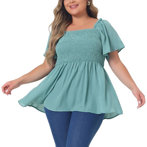 Plus Size Summer Tops For Women Square Neck Short Sleeve Ruffle Hem Casual Loose Fit Blouse Top Agnes Orinda