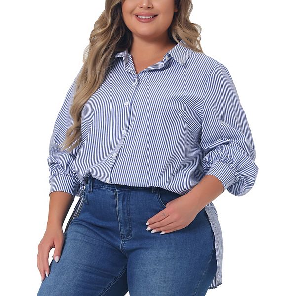 Plus Size Shirts For Women Button Down Collared Long Sleeve Classic Office Work Striped Blouse Agnes Orinda