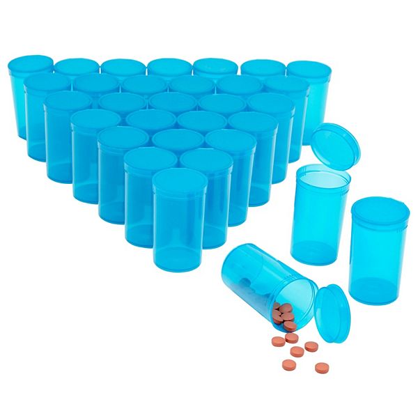 30 Pack Empty Bottles With Pop Top Caps, 19 Dram Medicine Containers (blue) Juvale