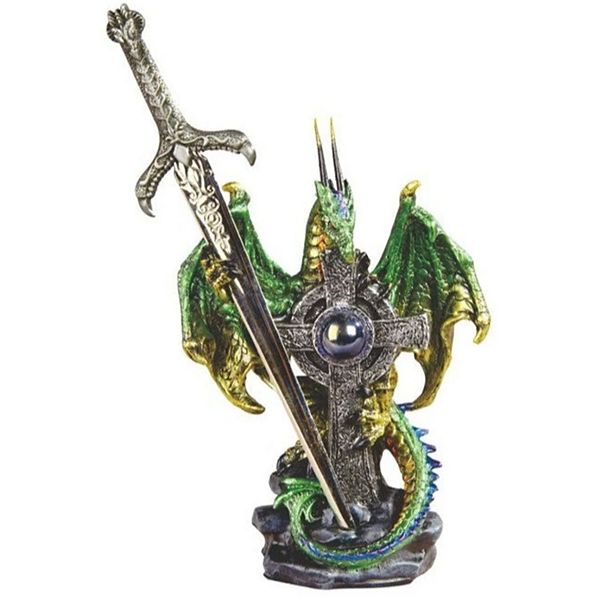 FC Design 5"H Green Dragon with Sword Embracing Cross Statue Fantasy Decoration Figurine F.C Design