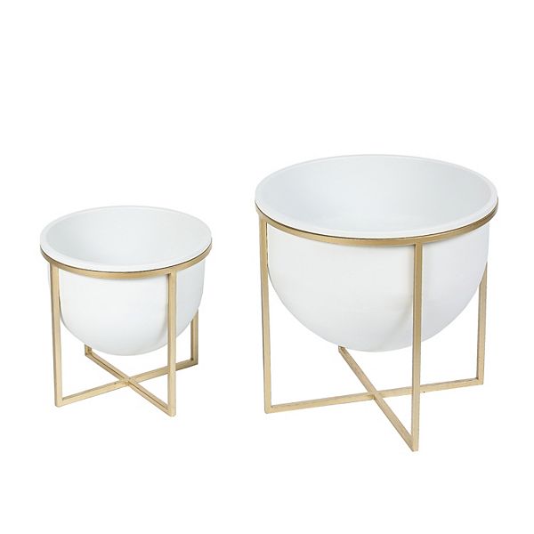 LuxenHome Set Of 2 White Metal Cachepot Planters With Gold Metal Stands Luxen Home