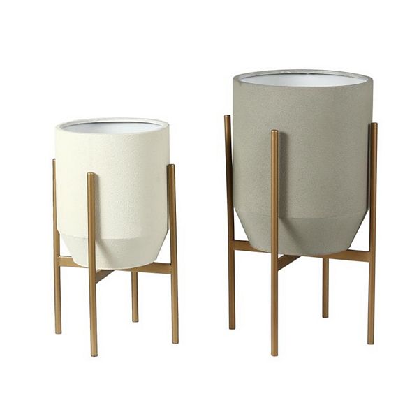 LuxenHome Set Of 2 Gray And Off White Round Metal Cachepot Planters With Gold Stand Luxen Home