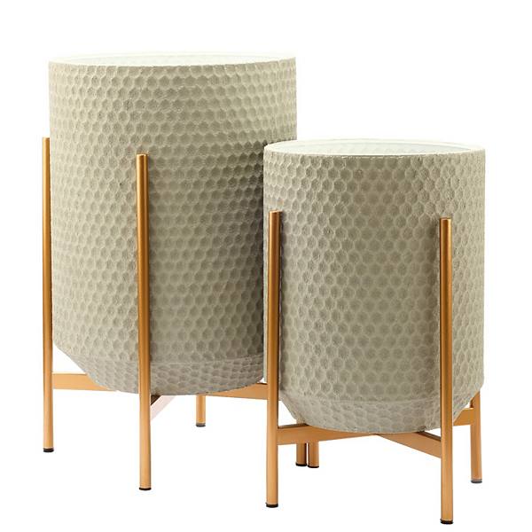 LuxenHome Set Of 2 Gray Honeycomb Metal Cachepot Planters With Gold Stands Luxen Home