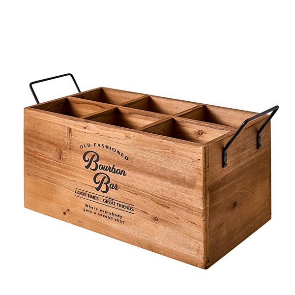 American Art Décor The Bourbon Bar Wood Crate Bottle Holder Decor with Metal Handles American Art Décor