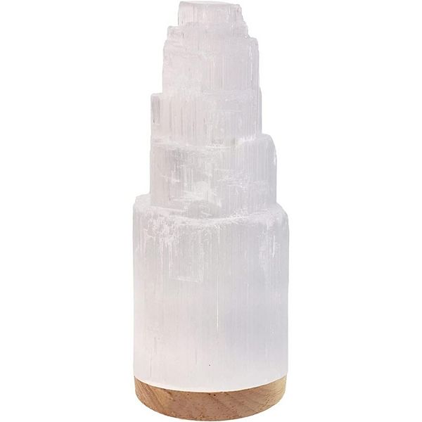 Selenite Crystal Lamp 25cm, Hand Crafted Moroccan Tower Lamp, Usb Cable & Wooden Base Himalayan Glow