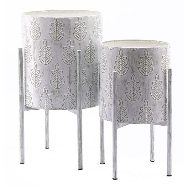 LuxenHome Set Of 2 White Leaf Embossed Metal Cachepot Planters With White Stand Luxen Home