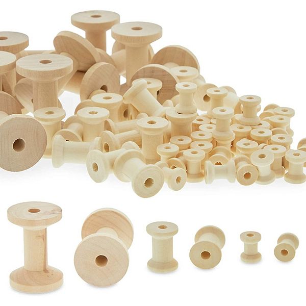 140 Pieces Unfinished Wooden Spools For Crafts, Ribbon, Thread, 3 Assorted Sizes Okuna Outpost