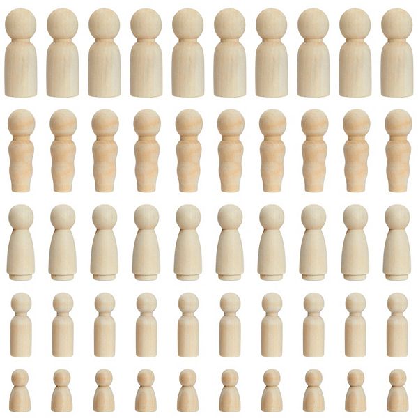 50-pieces Unfinished Wooden Peg Dolls For Crafts, Games, Painting, 5 Sizes Juvale