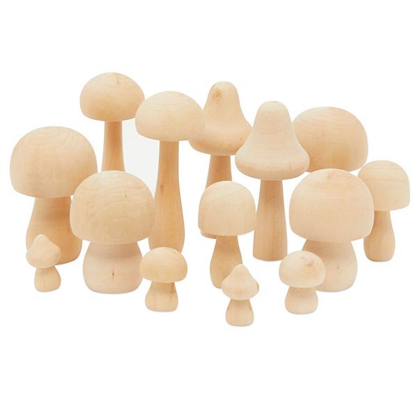 Mini Wooden Mushrooms To Paint, Unfinished Wood Figurines (7 Sizes, 14 Pack) Bright Creations