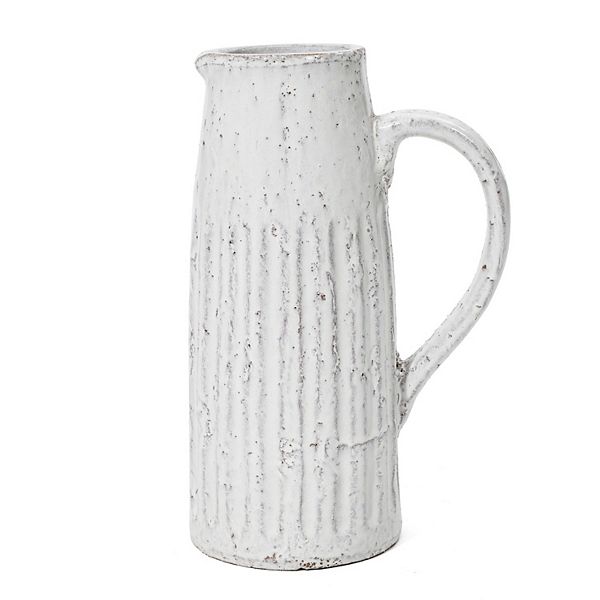 LuxenHome Vintage White Ribbed Terracotta Pitcher Vase With Handle Luxen Home