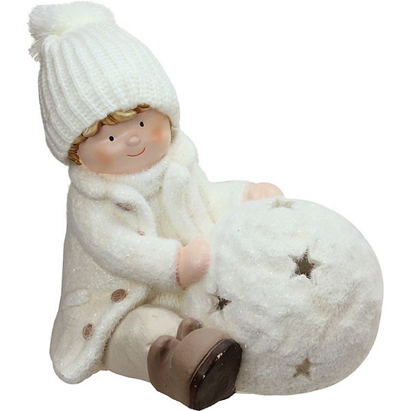 Northlight 12.5-in. White Christmas Snowball With Sitting Boy Tealight Candle Holder Northlight