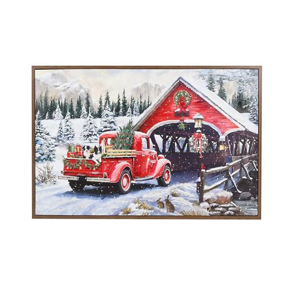 Red Pickup On Covered Bridge Canvas Wall Art Unbranded