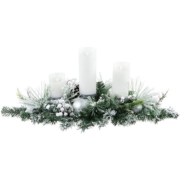 Northlight 30-in. Green Flocked Pine Triple Candle Holder and Iridescent Christmas Ornaments Northlight