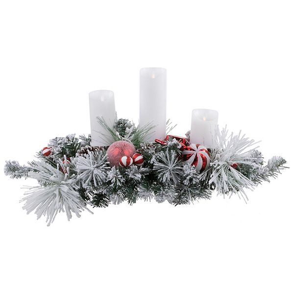 Northlight 32-in. Red and White Triple Candle Holder with Flocked Pine and Christmas Ornaments Northlight