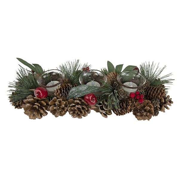 Northlight Glitter Pinecones and Red Berries Tealight Christmas Candle Holder Northlight