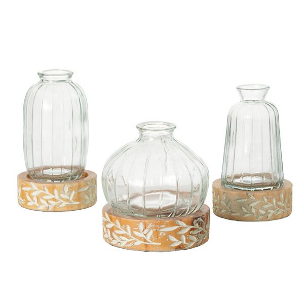 Botanical Embossed Wood & Glass Vase Table Decor 3-piece Set Sullivan's