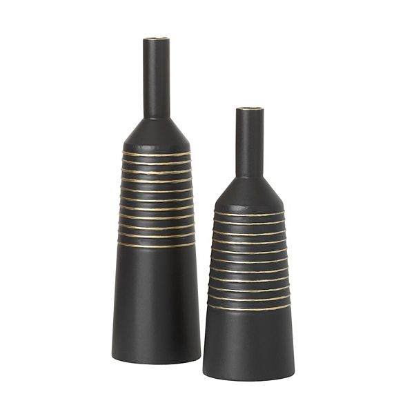 Matte Black Gold Finish Stripe Vases Floor Decor 2-piece Set Sullivan's