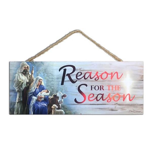 Red and Blue Reason for the Season Christmas Rectangular Sign with Rope Hanger 4" x 10" Glow Decor