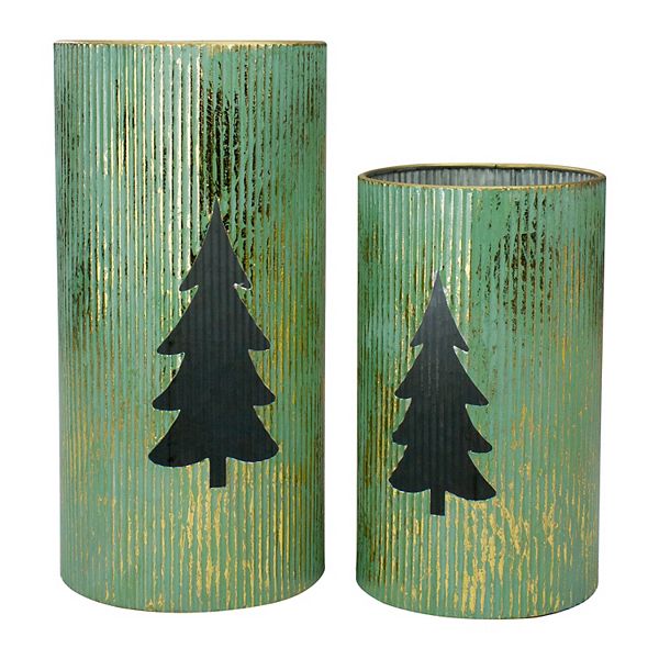 Northlight Set of 2 12" Rustic Green and Gold Christmas Tree Tabletop Lanterns Northlight