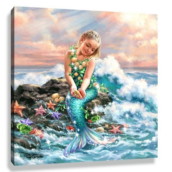 Blue And White Mermaid Princess With Swarovski Crystals Square Pizazz Wall Art Decor 10" X 10" Glow Decor