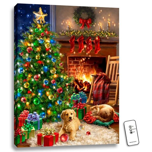 24" x 18" Green and Brown Cozy Christmas Back-Lit Wall Art with Remote Control Glow Decor