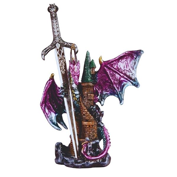 FC Design 5"H Purple Dragon with Sword Embracing Castle Statue Fantasy Decoration Figurine F.C Design