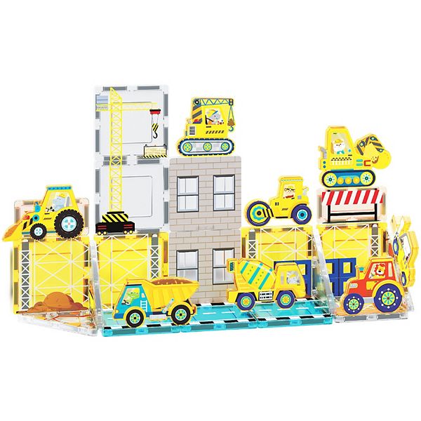 Picassotiles 26pc Magnetic Tile Jobsite Theme Construction Block W/ 8 Action Figures PicassoTiles