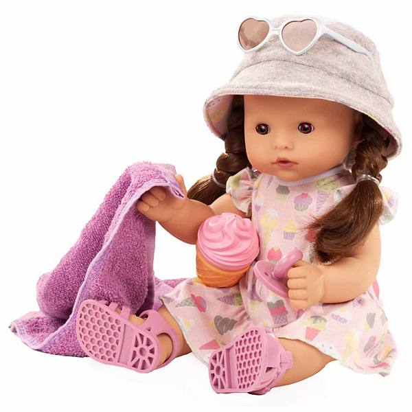 Gotz Maxy Aquini Popsicle - 16.5" All Vinyl Bath Baby Doll with Brown Hair to Wash and Style, Brown Sleeping Eyes, Dress, Hat and Accessories Set Gotz