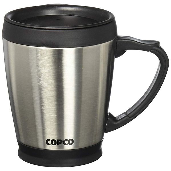 Copco Desktop 16 Ounce Stainless Steel Coffee Mug With Easy Grip Handle - Silver W/ Black Lid & Base Copco