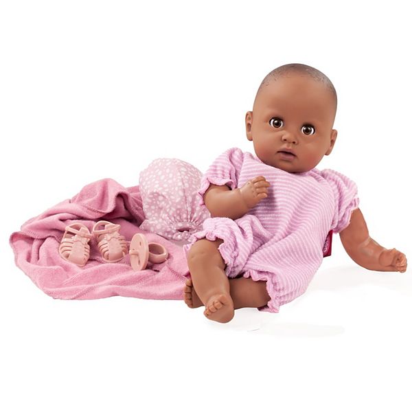 Gotz Cosy Aquini 13" Soft Cloth Bath Baby Doll with Dark Skin, Brown Sleeping Eyes and Towel Gotz