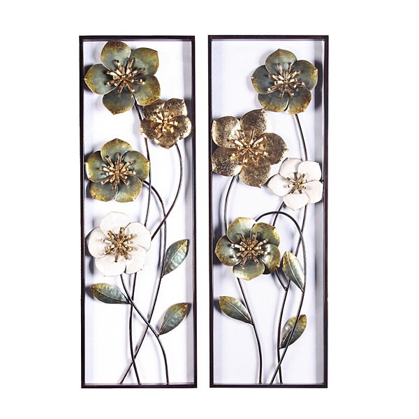 LuxenHome Set Of 2 Metal Green, White, And Gold Wild Flowers Wall Decor Luxen Home