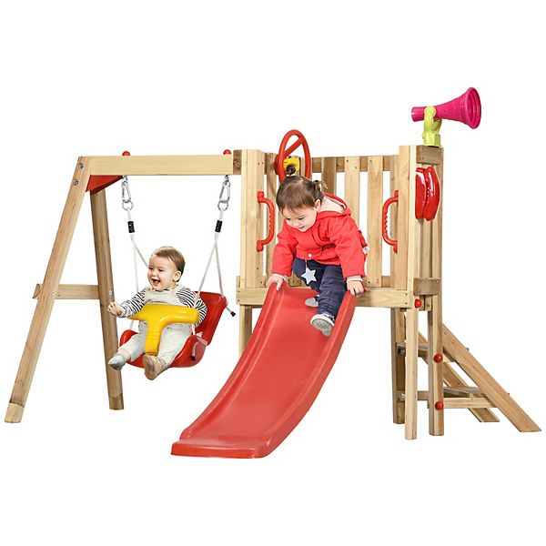 4 In 1 Wooden Swing Set With Swing, Slide, Horn, Steering Wheel Outsunny