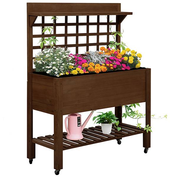 Outdoor Wooden Elevated Growing Plant Bed W/ Shelves For Tool Storage & Wheels Outsunny