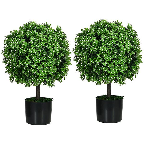 Homcom 2 Pack Artificial Tree Boxwood Topiary With White Fruits, 20.75" HomCom