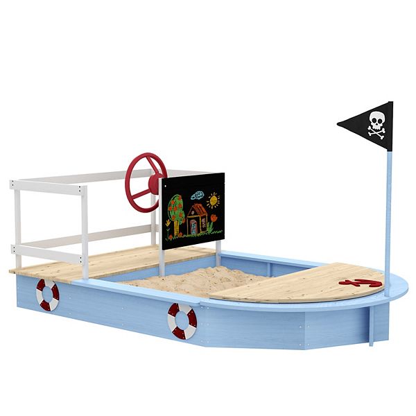 Wooden Sandbox With Pirate Ship Design For 3-7 Years, Blue Outsunny