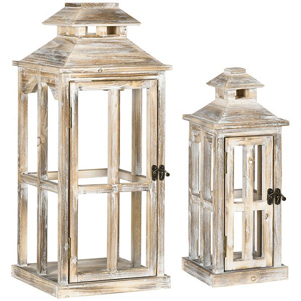 2 Pack 28"/20" Rustic Wooden Lantern Decorative Home Decor, Natural Wood HomCom