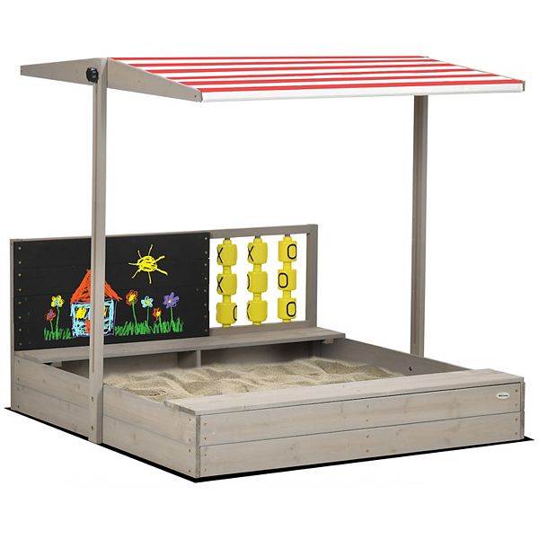 Outsunny Kids Wooden Sandbox W/ Canopy Bench Seats Outdoor Sand Box Gray Outsunny