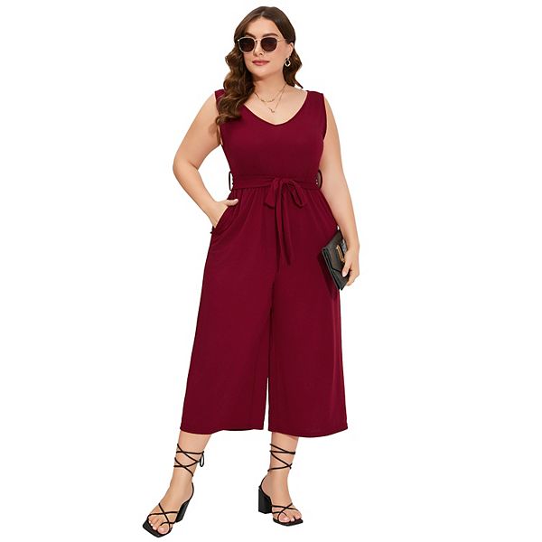 Women's Plus Size V Neck  Rompers Ruffle Sleeve Belted Wide Leg Pants Summer Casual Long Jumpsuit Kojooin