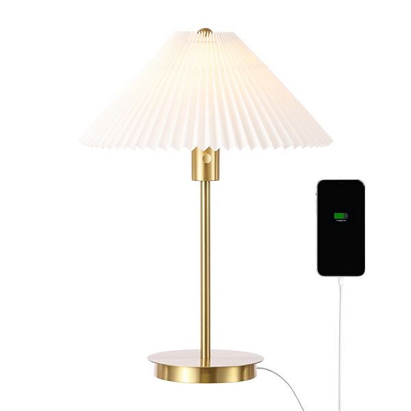 Freida Modern Glam Metal Column Led Table Lamp With Usb Charging Port And Pleated Shade Jonathan Y Designs