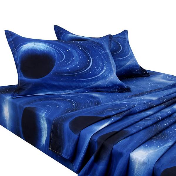 Galaxy Bed Sheet Set, 4 Piece Soft Polyester Microfiber Bedding Set, Including 3d Space Star Theme PiccoCasa