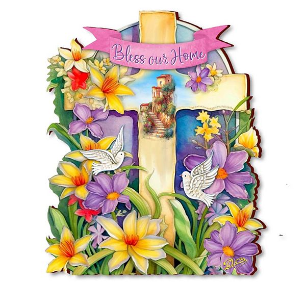 Handmade wooden cross 'Bless Our Home', 30 x 25 cm, UV protection Designocracy