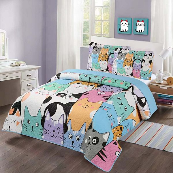 Marcielo Kids Quilt Bedspread Set For Teens Girls Bedding Cat MarCielo