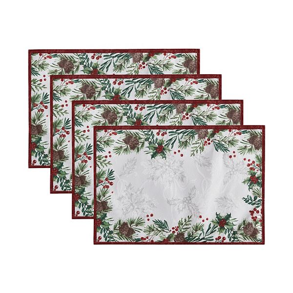 Elrene Home Fashions Holly Berry Flourish Holiday Fabric Placemat, 13"x19", Set Of 4 Elrene