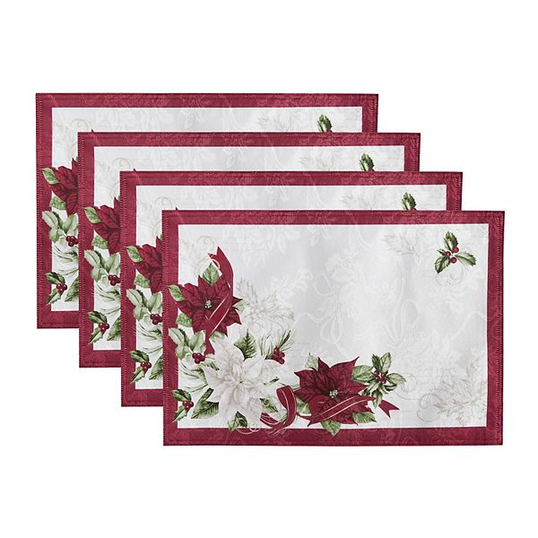 Elrene Home Fashions Clarette Poinsettia Holiday Fabric Placemats, 13"x19", Set Of 4 Elrene