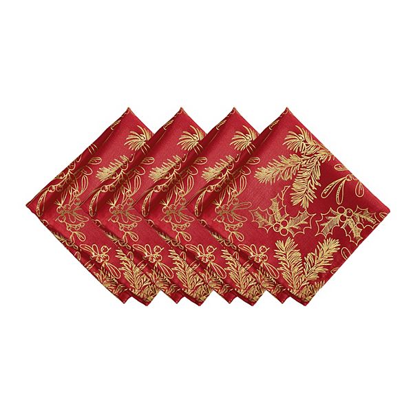 Elrene Home Fashions Red Foil Woodland Holiday Fabric Napkins, 17"x17", Set Of 4 Elrene