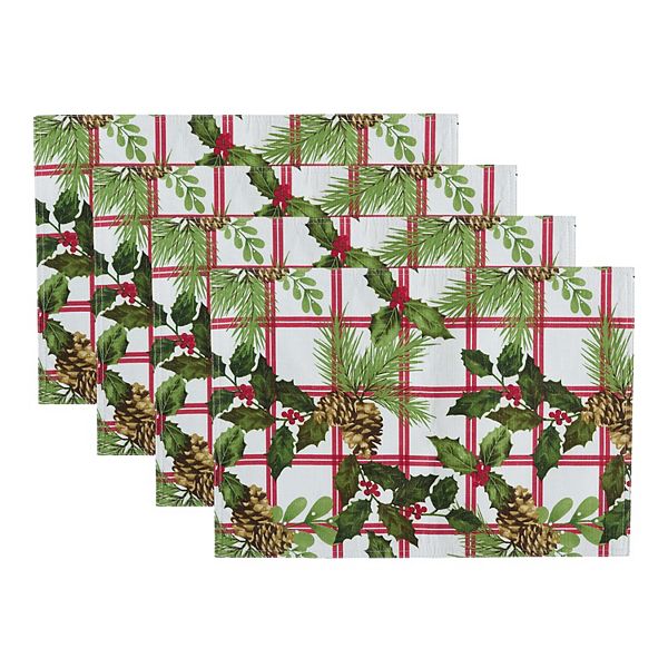 Elrene Home Fashions Pinecone Plaid Holiday Fabric Placemats, 13"x19", Set Of 4 Elrene