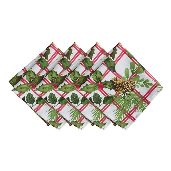 Elrene Home Fashions Pinecone Plaid Holiday Fabric Napkins, 17"x17", Set Of 4 Elrene