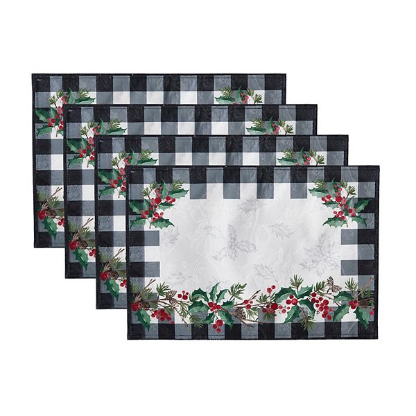 Elrene Home Fashions Holly Farmhouse Charm Holiday Fabric Placemats, 13"x19", Set Of 4 Elrene