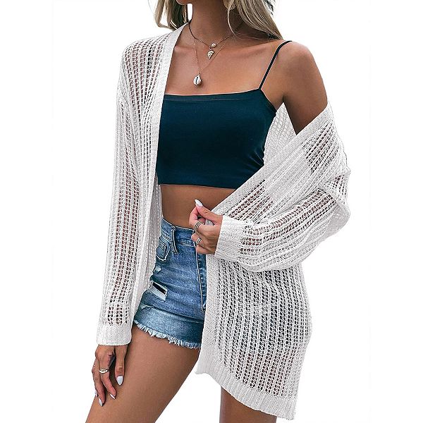 Womens Summer Lightweight Cardigan Long Sleeve Open Front Loose Beach Crochet Cover Up Kojooin